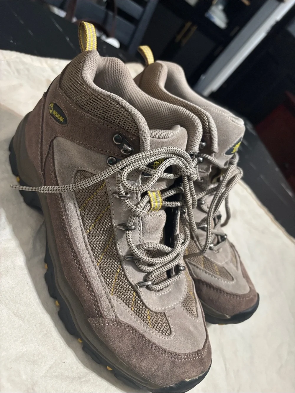 Men's Taupe Suede Hiking Boots with Yellow Trim